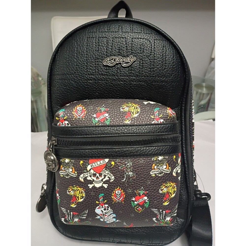 Ed Hardy Tattoo Print Sling Backpack Crossbody Bag Y2K